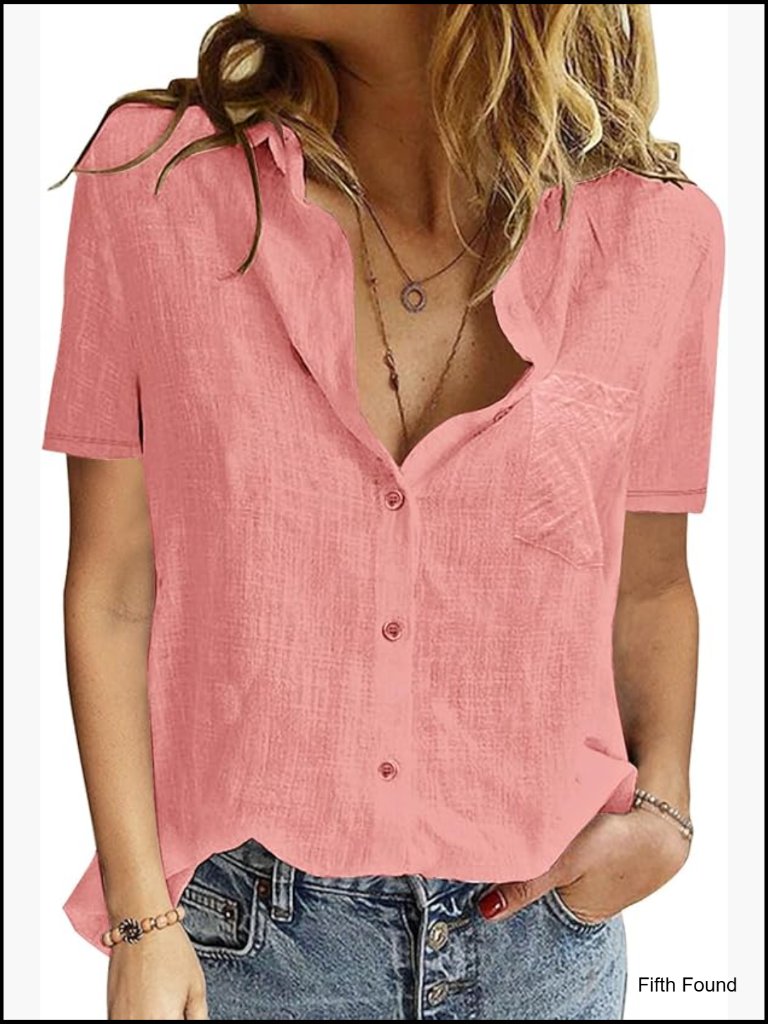 Button Down Shirt Cotton Summer Blouse Short Sleeve V Neck Casual Work Tops